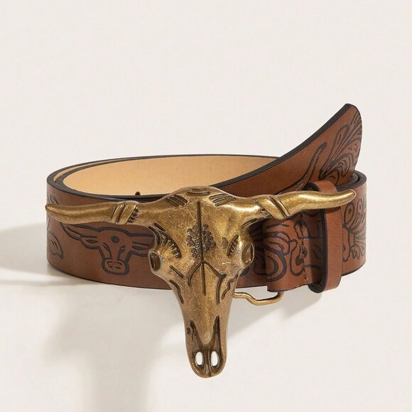 Brown Western Style Women's faux Leather Cowgirl Belt with Antique Gold Buckle